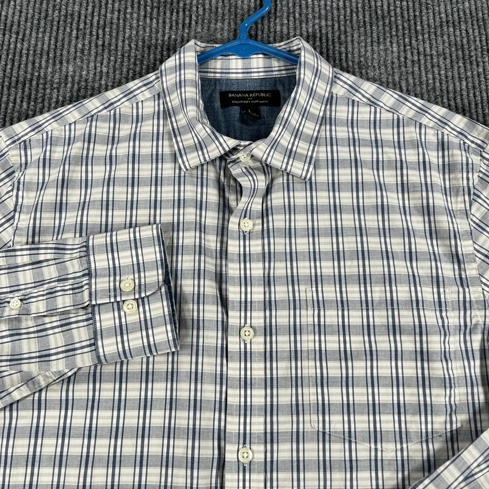 Banana Republic Shirt Mens Large Gray Plaid Long Sleeve Button‎ Up Soft Stretch